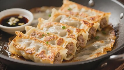 Chinese pan-fried dumplings with crispy crust and dipping sauce.