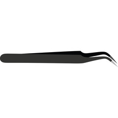 A detailed close-up of a black fine-tipped metallic tweezer with a curved end isolated on a pure white background showcasing its precision tool design and metallic sheen for intricate tasks