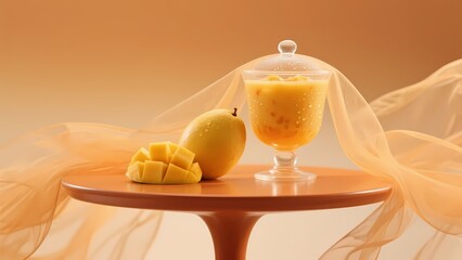 Mango-flavored dessert with fresh mango garnish in elegant setting.
