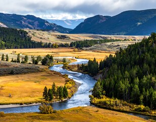 A river winds through golden meadows, flanked by forests and mountains under a cloudy sky