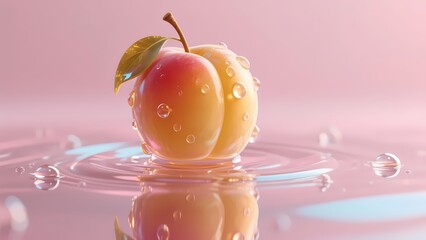 Fresh peach with water droplets on pink water background.