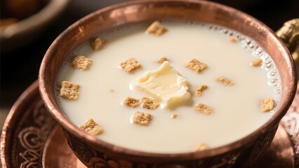 Cream-based dish with crispy bread cubes and butter in copper bow