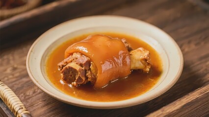Traditional Chinese braised pork elbow with rich sauce.