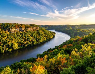 A river winds through verdant, rolling hills in autumn under a vibrant sky