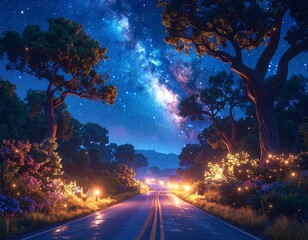 A road illuminated by fairytale lights under a breathtaking, vibrant galactic sky