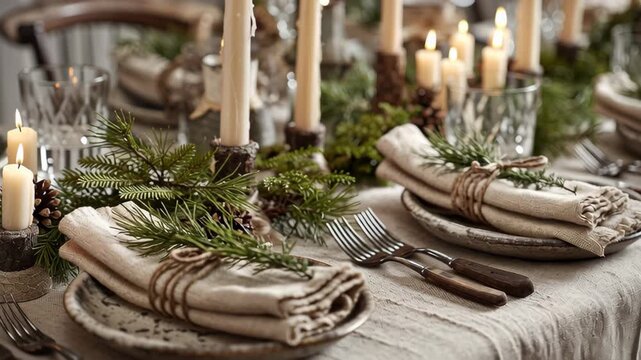 Macro shot of eco Christmas table setup with linen napkins, pine branches, and handmade candles, natural textures, eco rustic christmas home