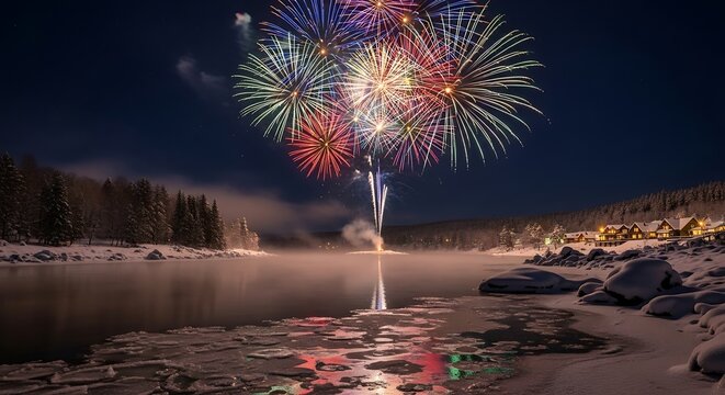 Spectacular Fireworks Display Over Tranquil Lake at Night.