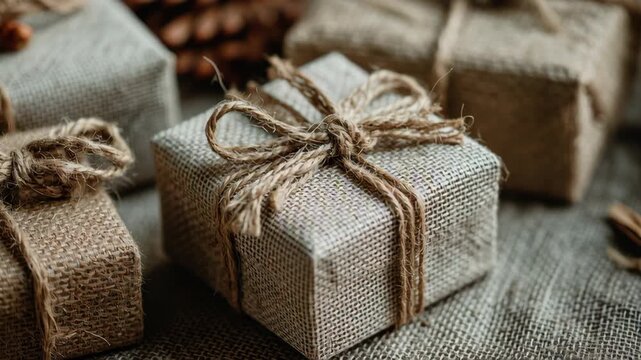 A brown box with a bow on it. The box is on a table. Macro shot of eco gift boxes tied with jute string, minimal rustic Christmas wrapping concept, eco rustic christmas home