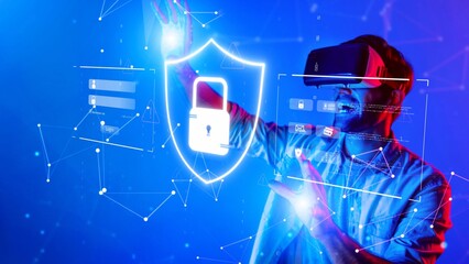 A man wearing a virtual reality headset interacts with digital elements representing data protection and security in a dynamic blue environment, showcasing technology and user engagement. Raster