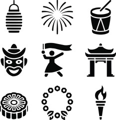 Cultural Festival Solid Icon Set  Lanterns, Drums, and Celebration Symbols
