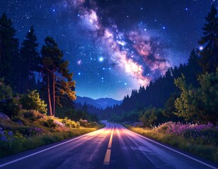 A road leads through trees towards distant mountains under a dazzling starry night sky