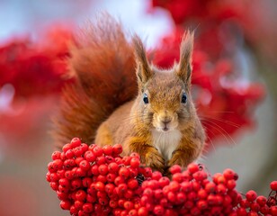 A red squirrel sits amongst bright red berries, facing the camera with soft focus