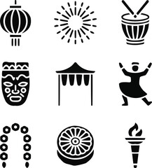 Cultural Festival Solid Icon Set  Lanterns, Drums, and Celebration Symbols