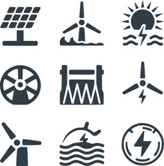 Renewable Energy Solid Icon Set  Solar, Wind, and Hydro Power