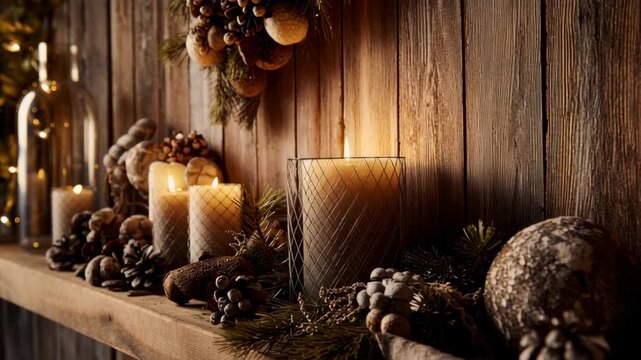 Macro composition of wall-mounted decorations with candles and wooden textures, warm compact home Christmas styling, small space christmas decor