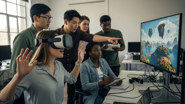 VR Immersive World Design: A group of diverse developers collaborates on a virtual reality project, guiding a colleague wearing a VR headset through a newly designed digital environment.