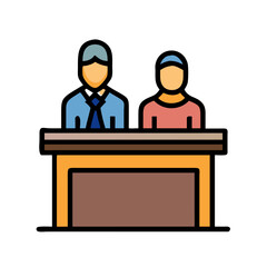 Two professionals standing behind a reception desk, illustration