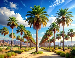 A road lined with tall palm trees stretches toward distant mountains under a blue sky