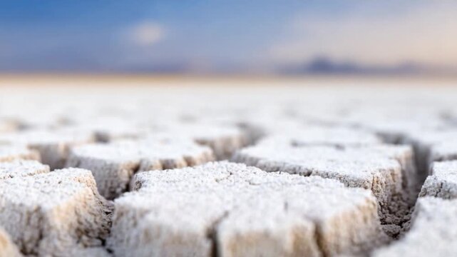 Cracked Earth Under Blue Sky: An extreme close-up of parched earth reveals deep fissures, contrasting with the soft blur of a tranquil blue sky