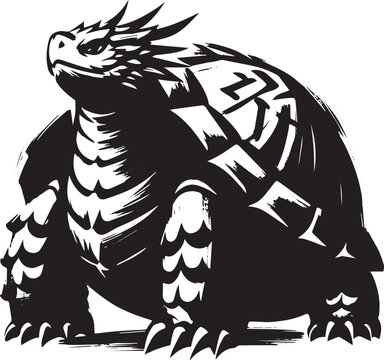Stylized black and white illustration of a mythological armored