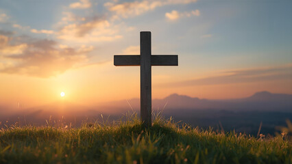  the empty cross on a sunset sky hill symbolizing the resurrection and victory over death for Easter. He is Risen. 