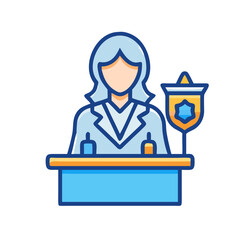 Woman in a lab coat behind a blue desk