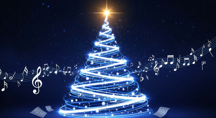 Glowing musical christmas tree in night sky with music notes. Merry Christmas, Nativity, Xmas, Noel, Navidad - Global Winter Holiday, Christian Religious Celebration. Happy New Year See Less