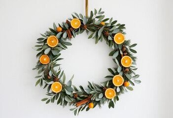 Christmas wreath made of dried oranges, cinnamon sticks, and eucalyptus, hanging on white wall
