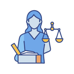 Female lawyer icon with scales of justice and documents