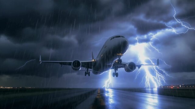 Airplane Taking Off Through Stormy Rainstorm with Lightning Illuminating Dark Sky