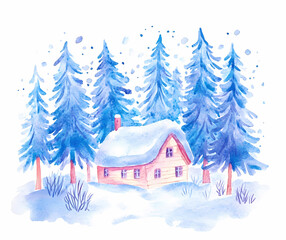 Fototapeta premium Winter Watercolor Cabin in Forest