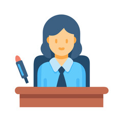 Flat icon depicting a woman at a desk writing