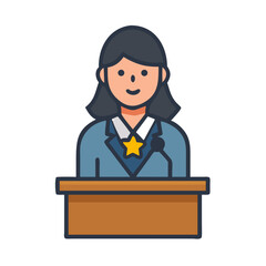 Woman in uniform behind desk speaks or lectures concept