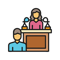 Flat Design Style Courtroom Scene with Judge and Witness