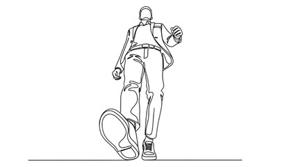 Fototapeta premium High-Quality Black Continuous Line Art of Person Walking Confidently, Low Angle Upward View, Dynamic Tall Pose on White Background