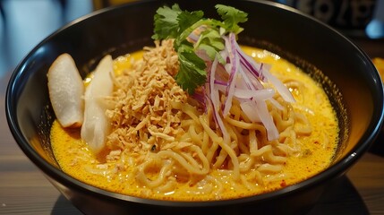 Khao soi creamy coconut noodle soup with spices, traditional thai cuisine