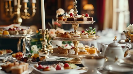 Luxury food service with elegant appetizers and desserts at a formal dinner in a classic english-style hotel or country estate