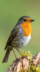 A robin perched on a mossy branch, showcasing its vibrant orange and grey plumage