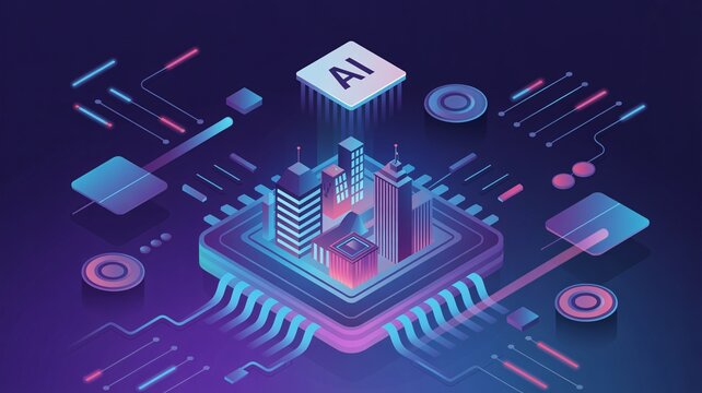 AI smart city on microchip, isometric neon 3D illustration of artificial intelligence technology.