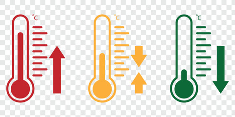 Set of temperature icons. Vector thermometer showing the temperature. Thermometer symbols, temperature scale, weather icons. Thermometer temperature up and down icon. Vector illustration, eps 10.