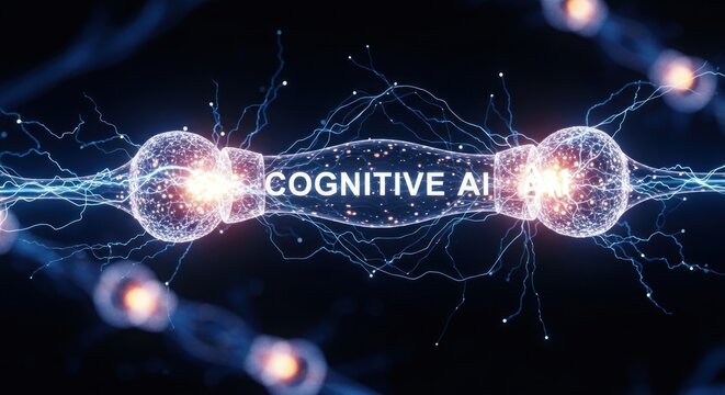 Cognitive artificial intelligence neural network concept with glowing synapses electrical energy transfer, futuristic technology
