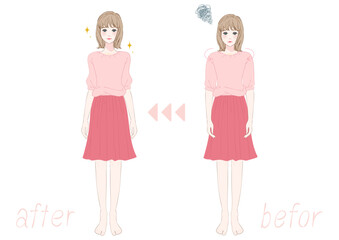 姿勢改善ビフォーアフター若い女性ピンクコーデ全身