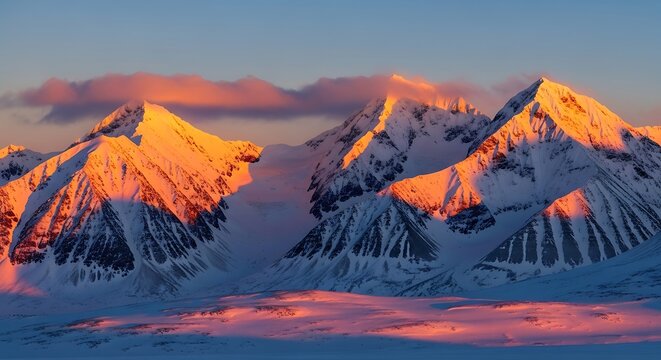 Snow-Capped Mountain Peaks Bathed in Golden Sunset Light.