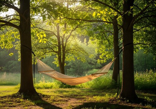 Tranquil escape with a hammock in a sun-drenched green forest