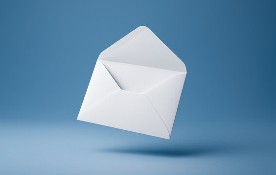 Open white envelope floating gracefully in mid-air against bright blue background. White paper envelope hovering in air over blue background - Powered by Adobe