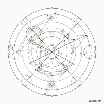 Diagrama geom&eacute;trico complejo con c&iacute;rculos conc&eacute;ntricos, l&iacute;neas intersecantes y s&iacute;mbolos matem&aacute;ticos en un fondo blanco.