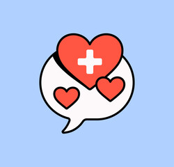 Obraz premium White speech bubble filled with red hearts, one featuring a white medical cross. This design represents health care, support, communication, and compassion cartoon vector illustration