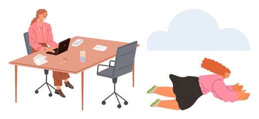 Woman working at a desk with papers and laptop beside a floating image of herself laying on grass under a cloud. Ideal for work-life balance, creativity, relaxation, daydreaming, imagination