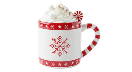 Festive christmas mug filled with hot chocolate, whipped cream, marshmallows, and a candy cane isolated on transparent background