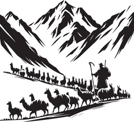 Naklejka premium Minimalist sumi-e style illustration of a llama caravan trekking